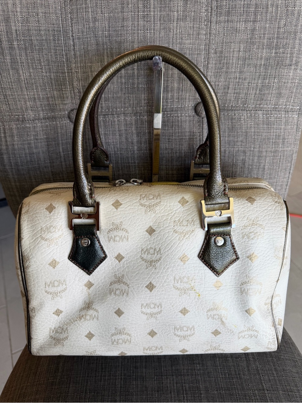 MCM White Leather Satchel with Multicolor Patch Accents - Picture 6 of 13